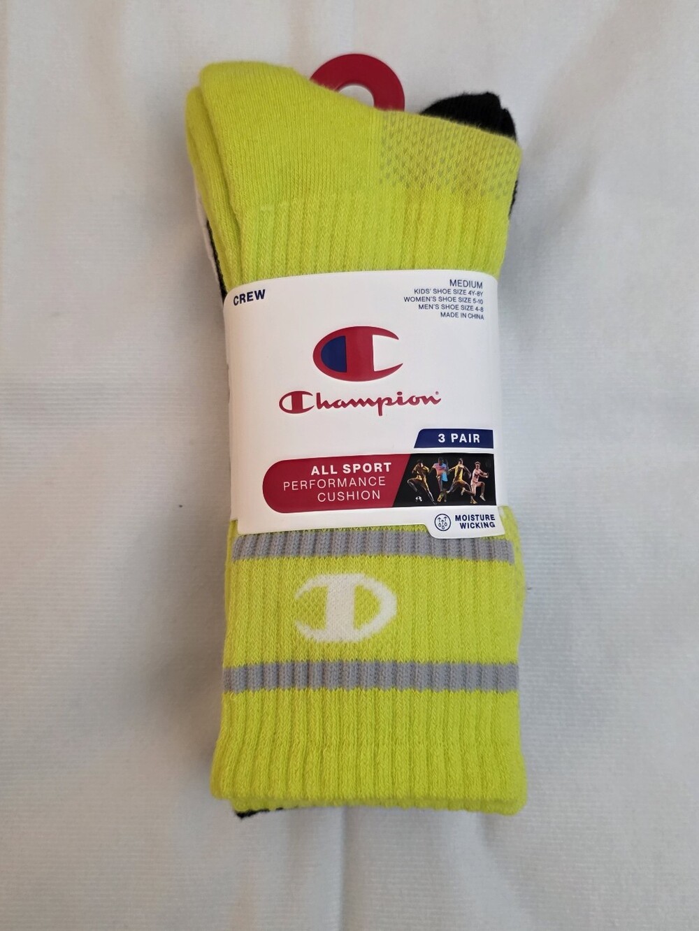 Champion Neon Yellow Crew Athletic Socks - 3 Pack
